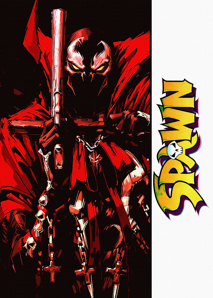 Spawn holding a gun with red cape