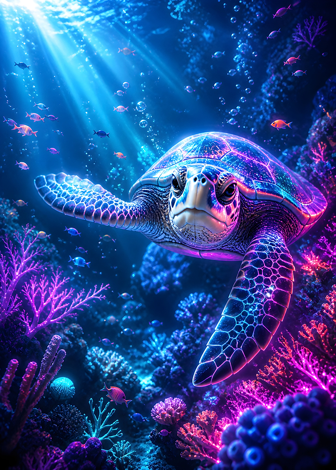 Neon Sea Turtle in Coral Reef
