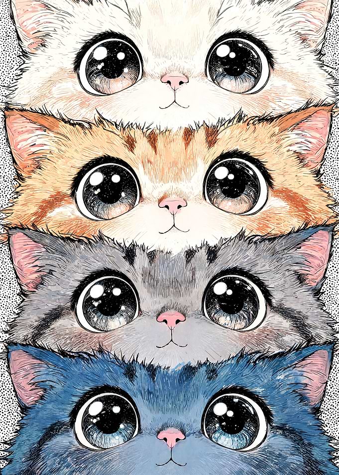 Four Stacked Cute Kittens with Big Eyes