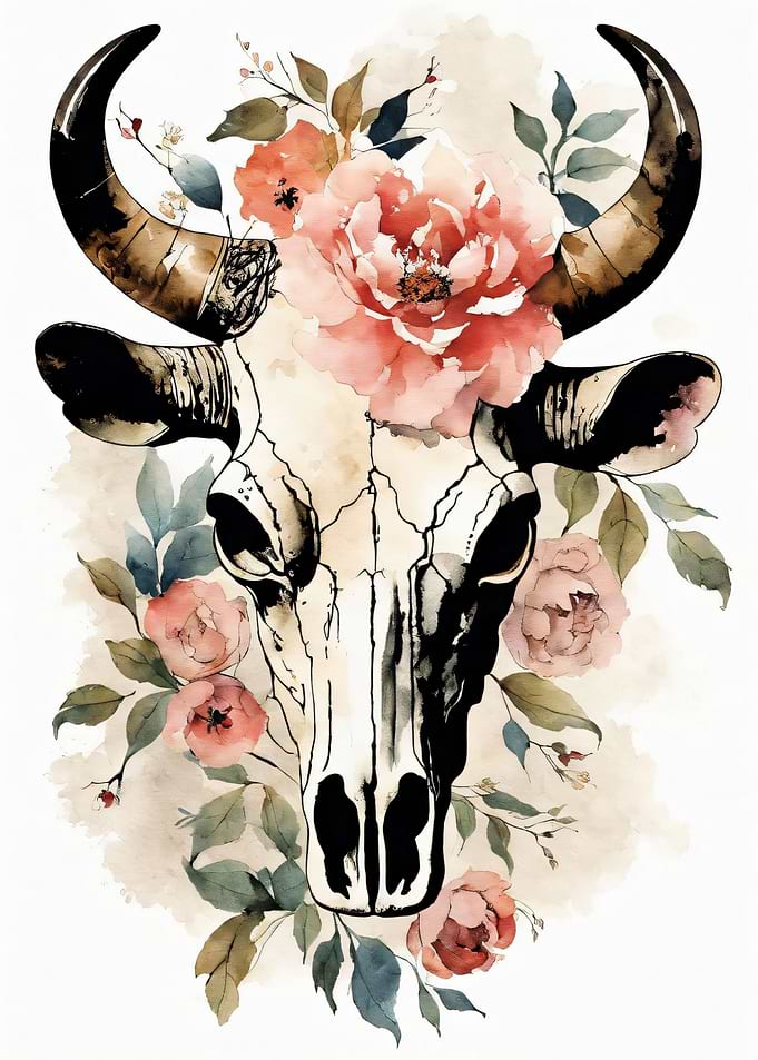 Floral Bull Skull Watercolor