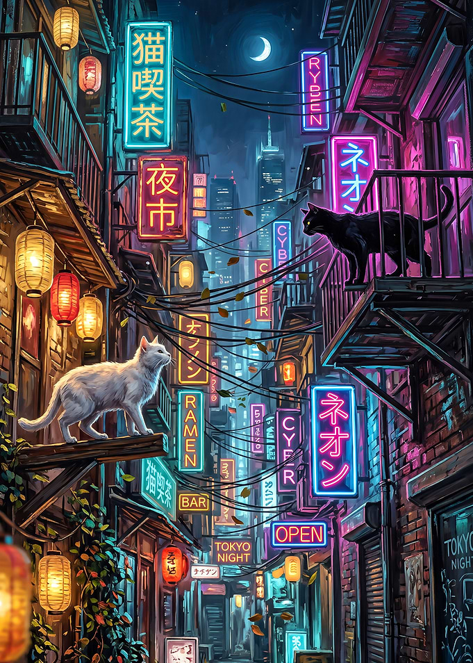 Cyberpunk Alley Cats and Neon Signs