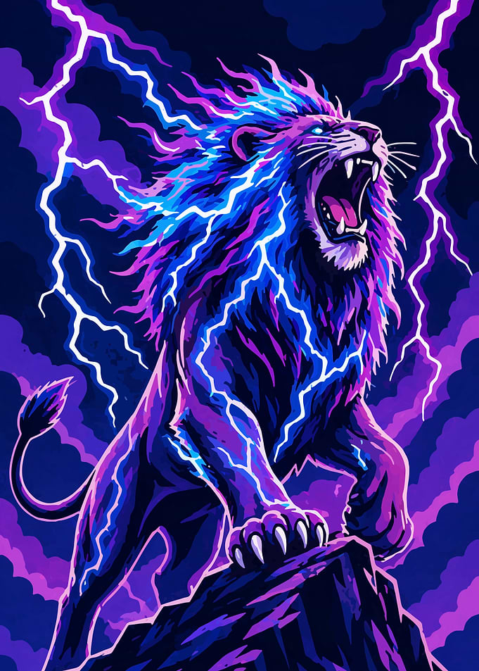 Electric Lion Roaring in Storm