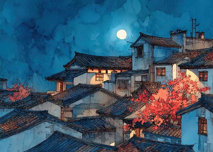 Moonlit Asian Village at Night