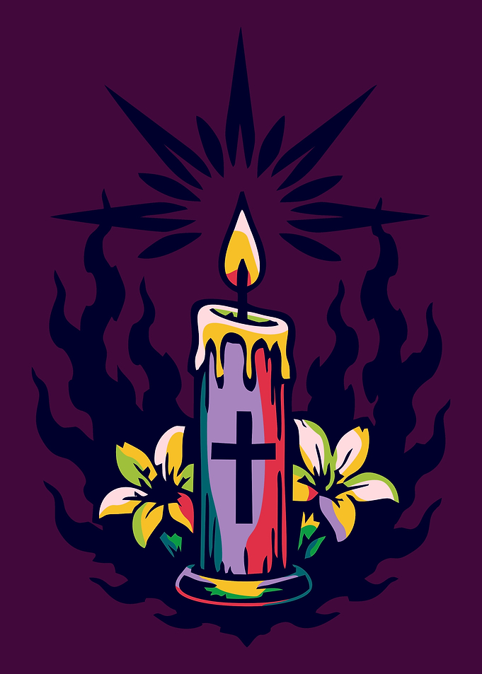 Candle with Cross and Flowers