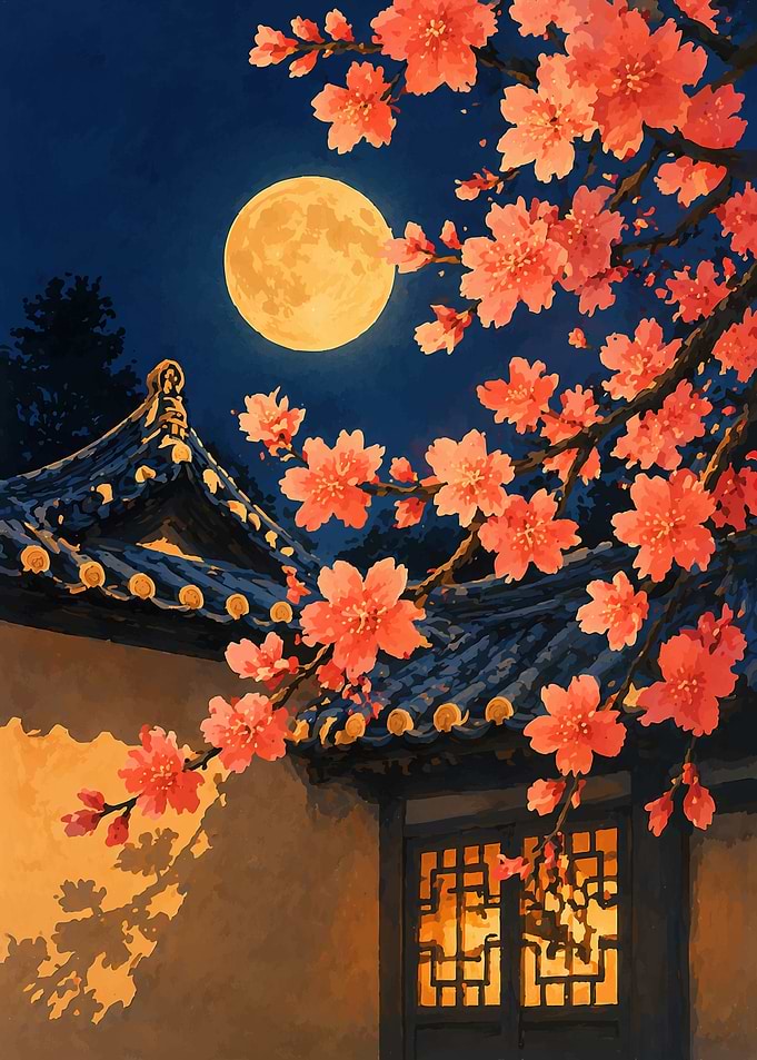 Moonlit Cherry Blossoms Over Traditional Architecture