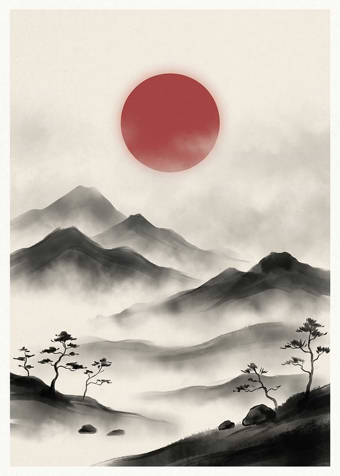 Japanese Zen Misty Mountain Landscape with Red Sun
