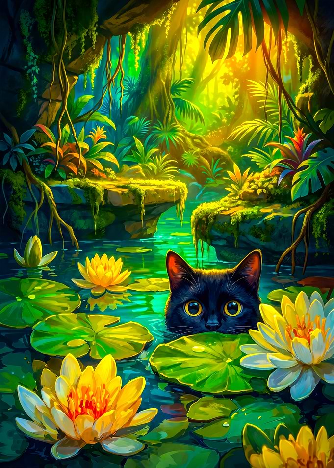Black Cat in a Tropical Pond
