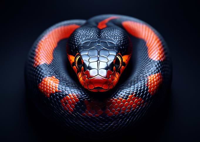 Close-up of a coiled red-bellied snake