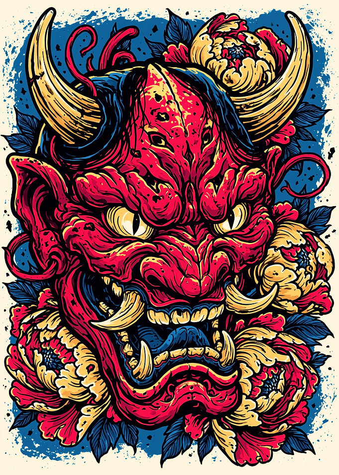 Japanese Oni Mask with Flowers