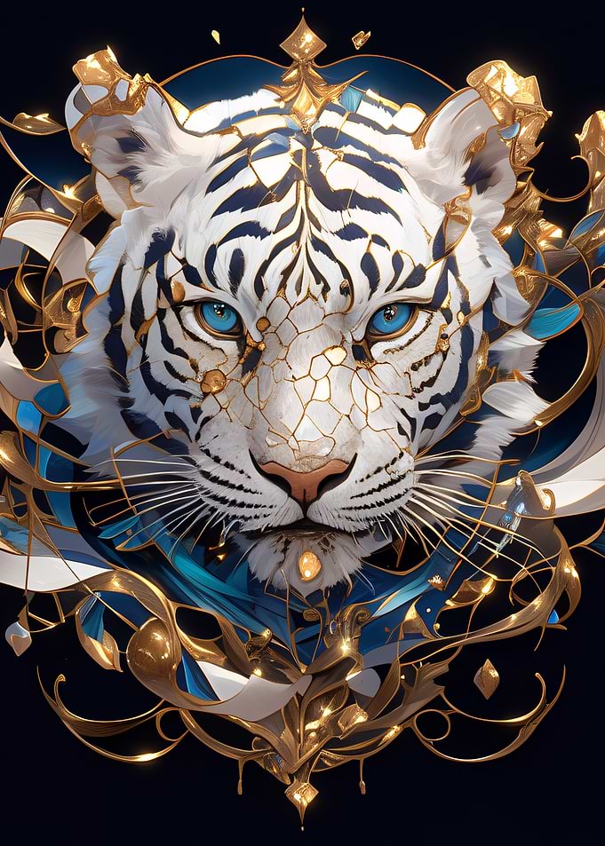 Majestic White Tiger with Gold and Blue Ornate Design
