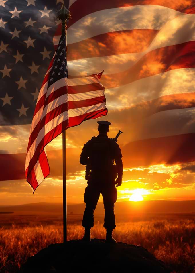 Soldier and American Flag at Sunset