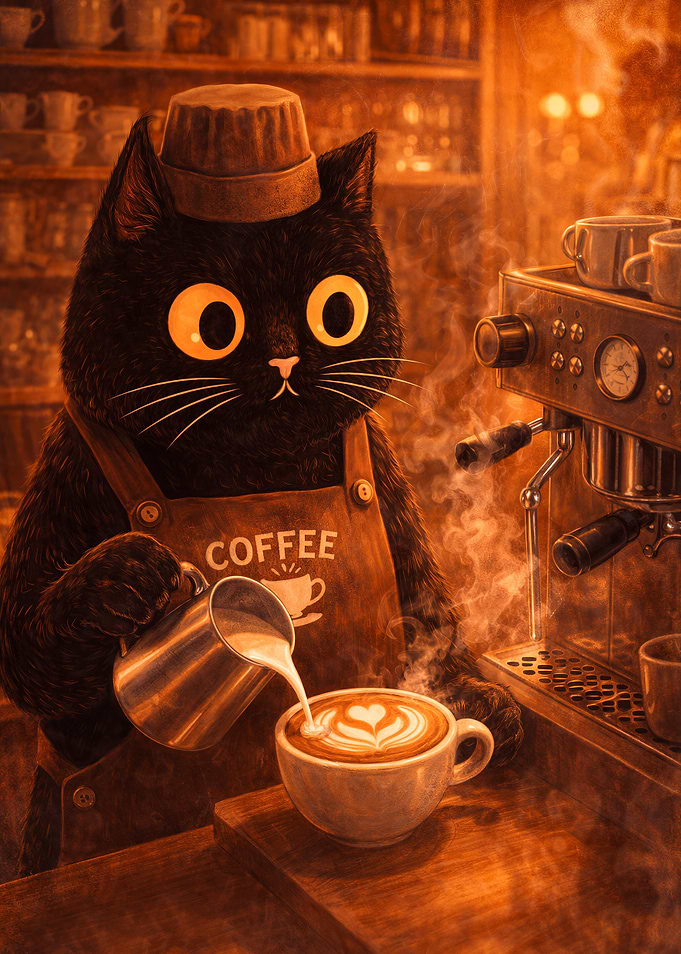 Black Cat Barista Making Latte Art