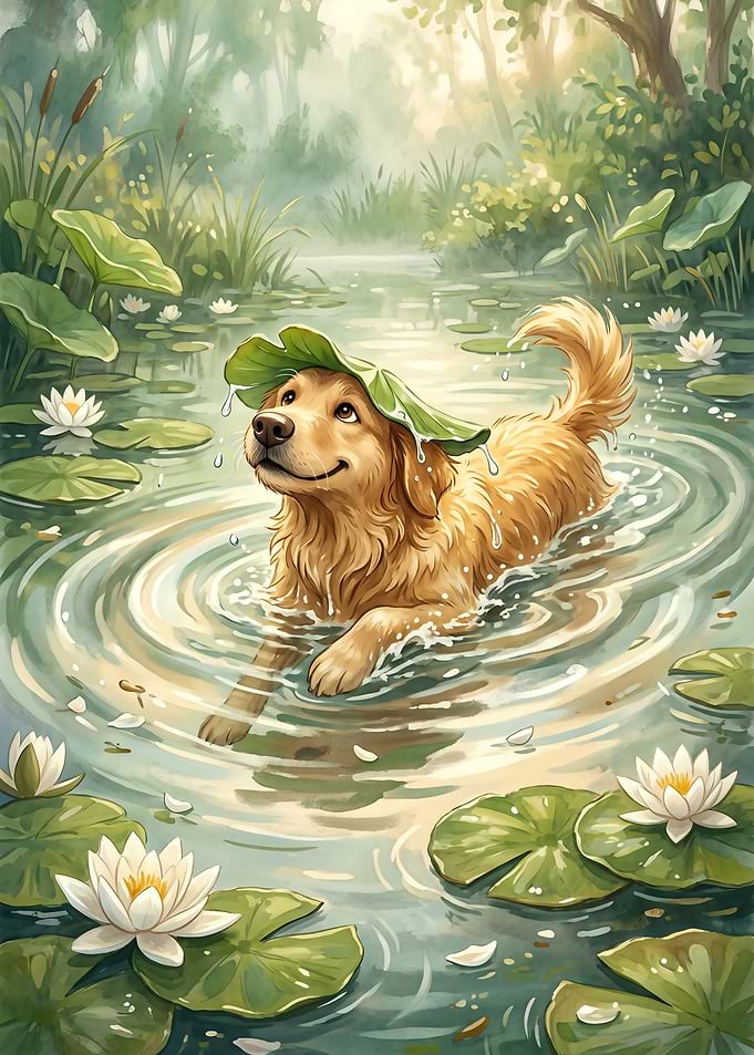 Golden Retriever Dog in Lily Pond