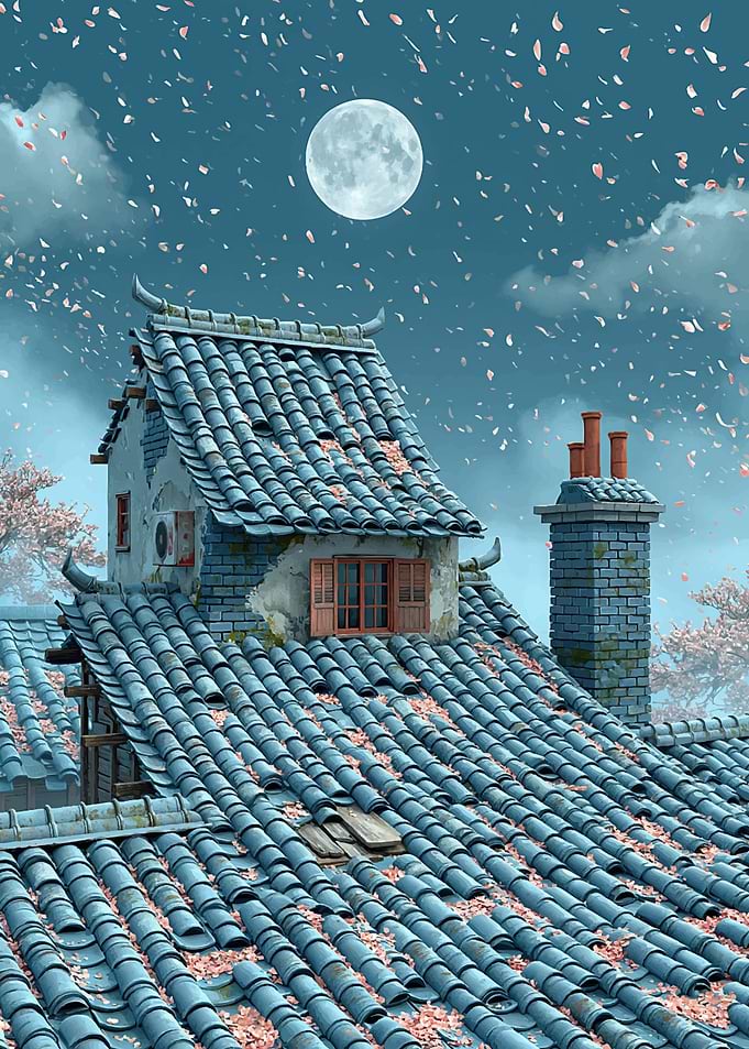 Moonlit Japanese Rooftops with Falling Petals