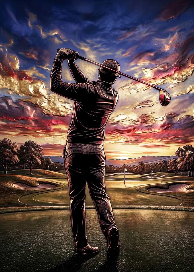 Golfer Swinging at Sunset