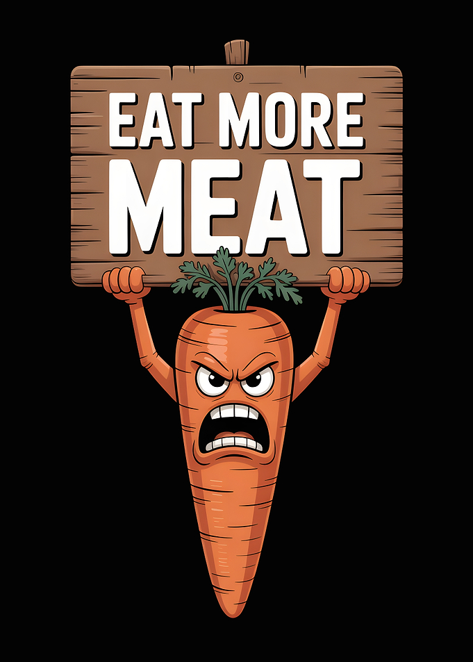 Angry Carrot Holding 'Eat More Meat' Sign