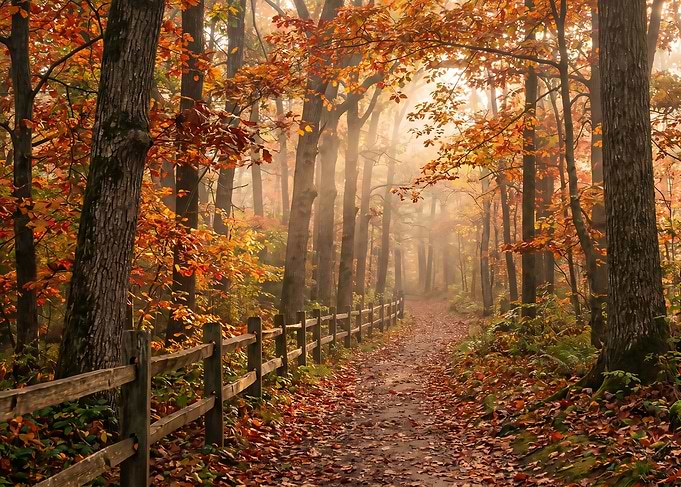 Autumn Forest Path with Wooden Fence