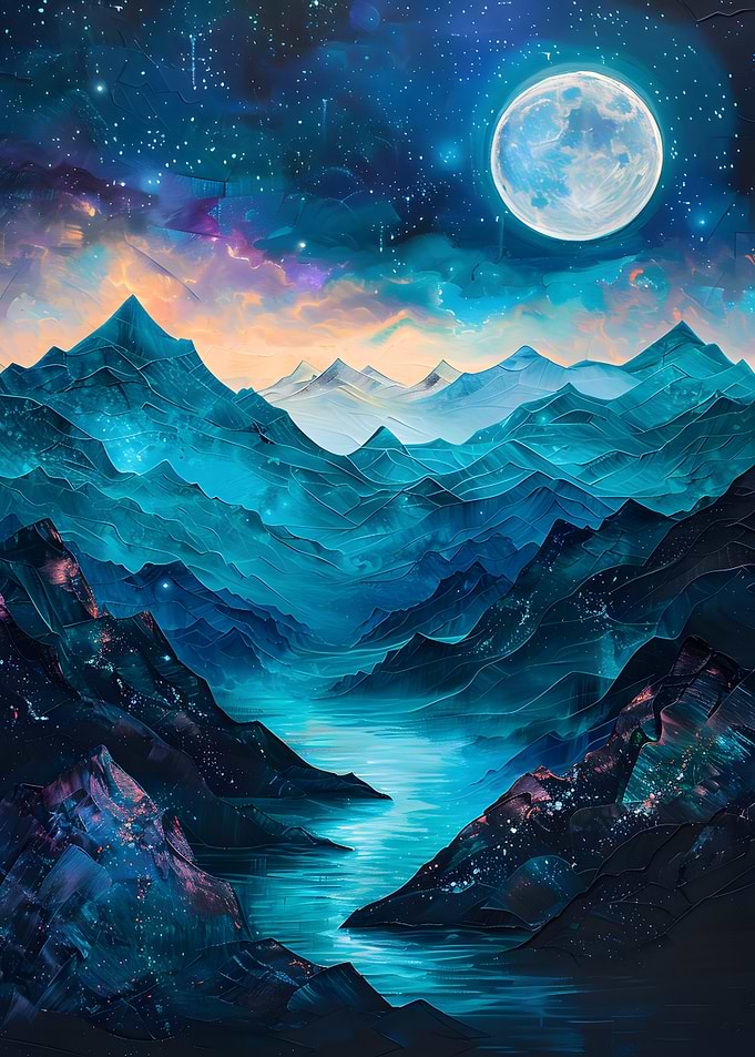 Cosmic Mountain Valley Under a Full Moon