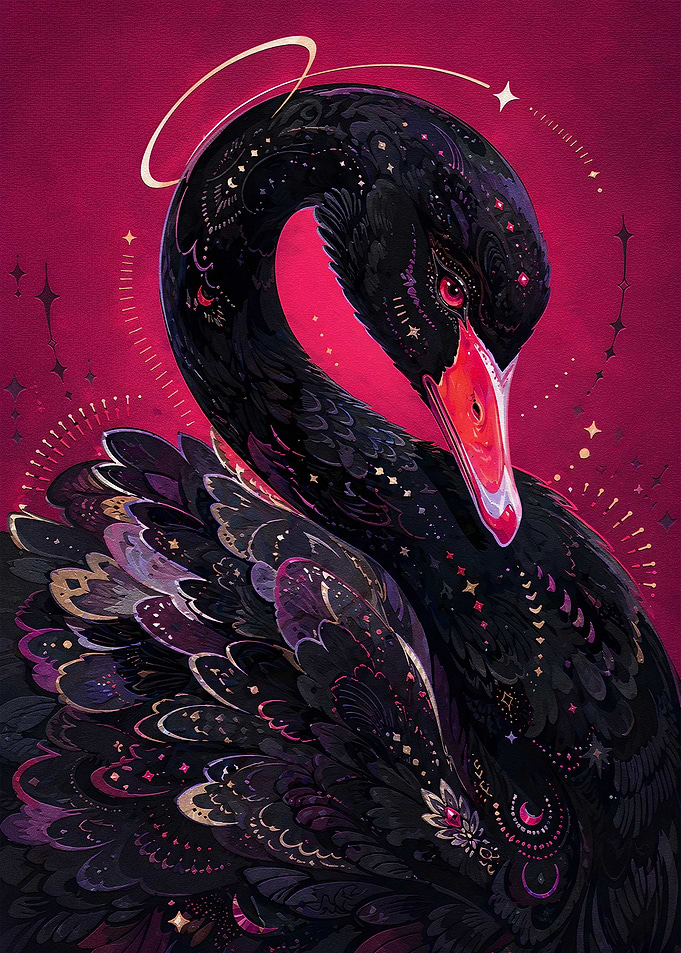 Mystical Black Swan with Celestial Motifs