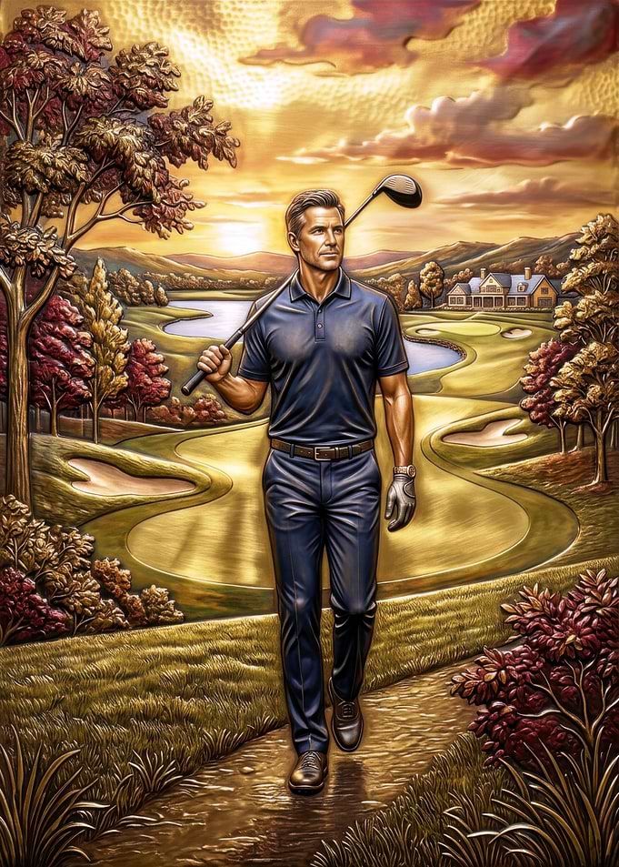 Golfer walking on a course at sunset