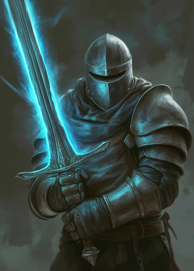 Knight with glowing blue sword