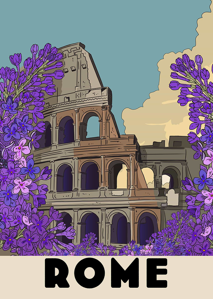 Colosseum with Lilacs and Rome Text