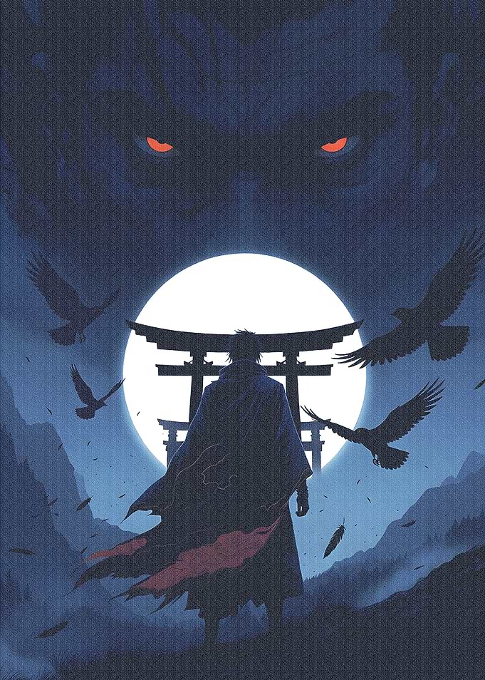 Samurai Facing a Giant Wolf and Torii Gate