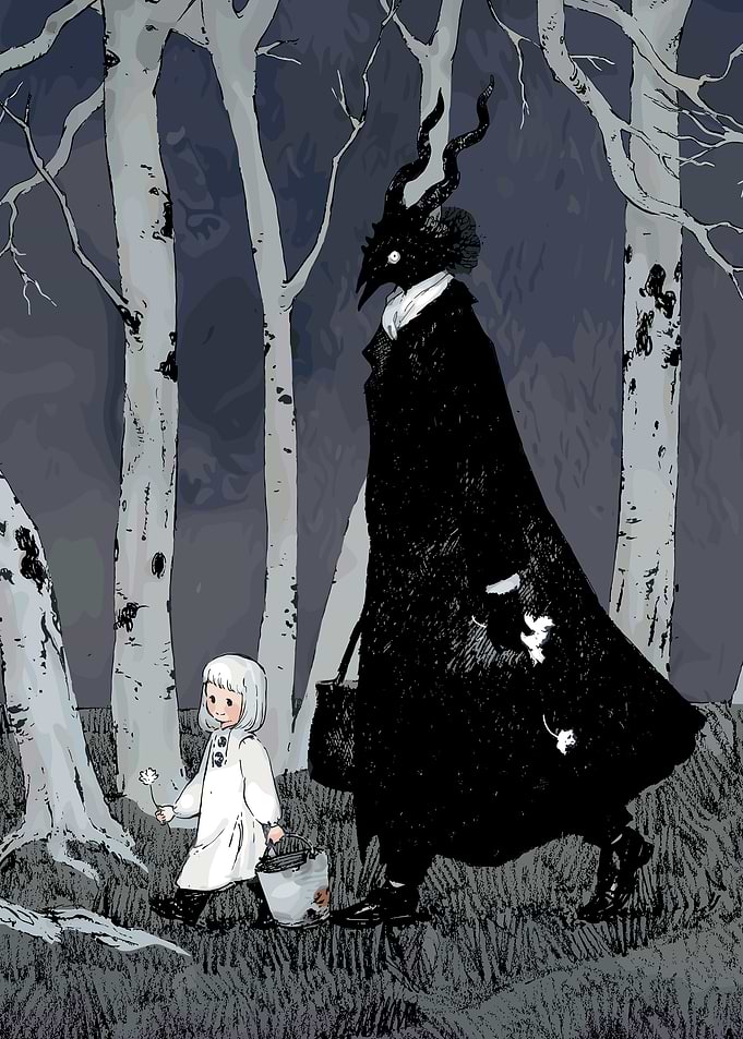 Dark Figure and Child in Forest