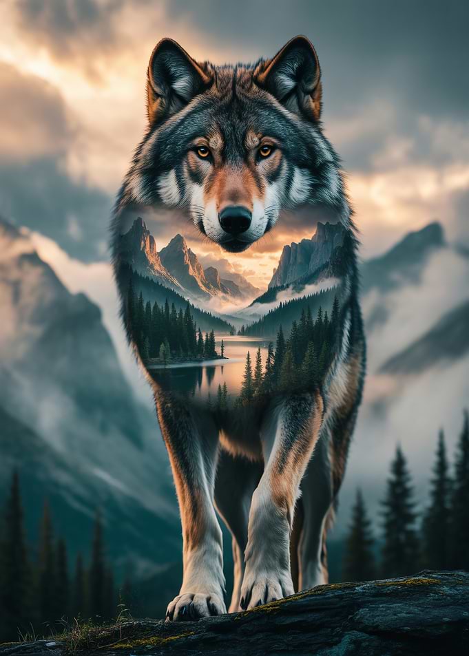 Wolf with Mountain Landscape Overlay