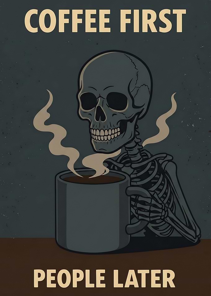 Coffee First People Later Skeleton Drinking Coffee