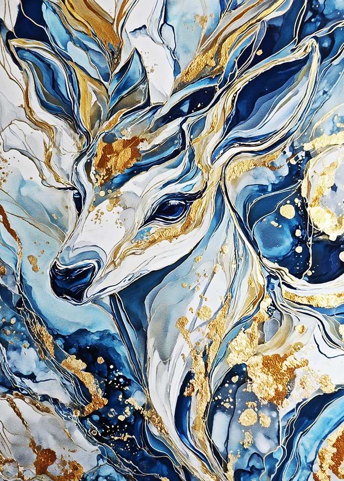 Golden Spirit Deer – Blue & Gold Abstract Wildlife Luxury Art