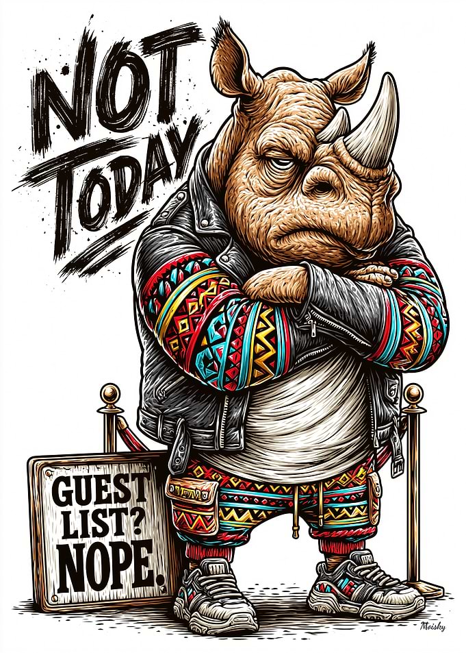 Rhino Bouncer “Not Today Guest List? Nope” Attitude Animal Poster