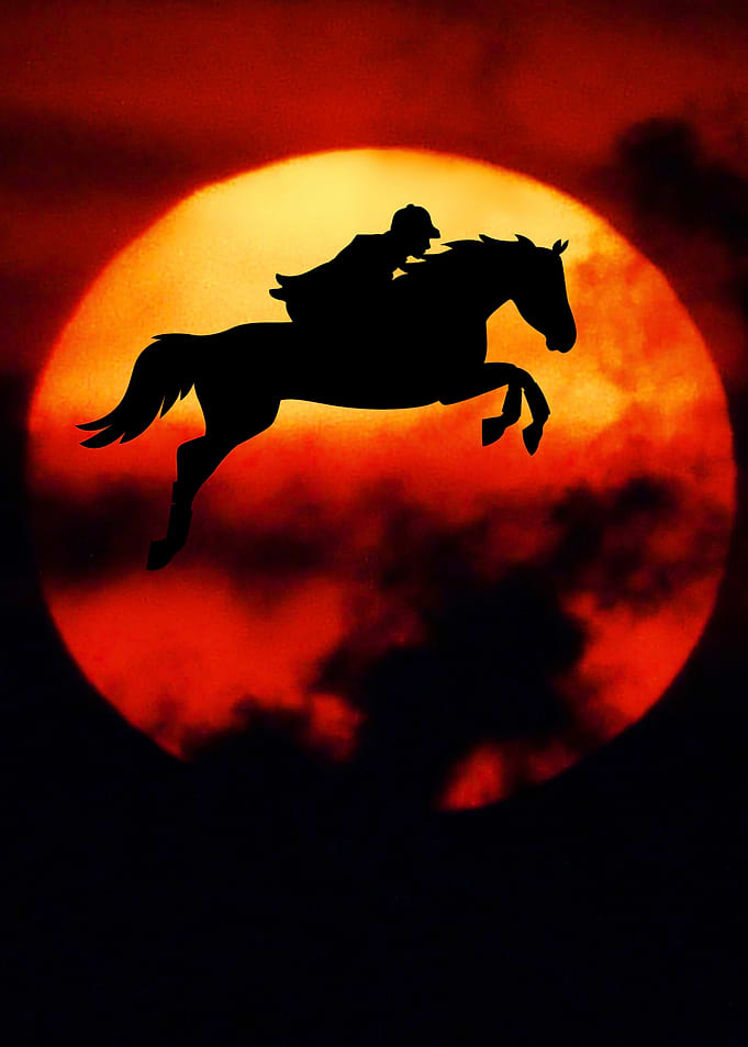 Equestrian Jumping Silhouette Against Sunset