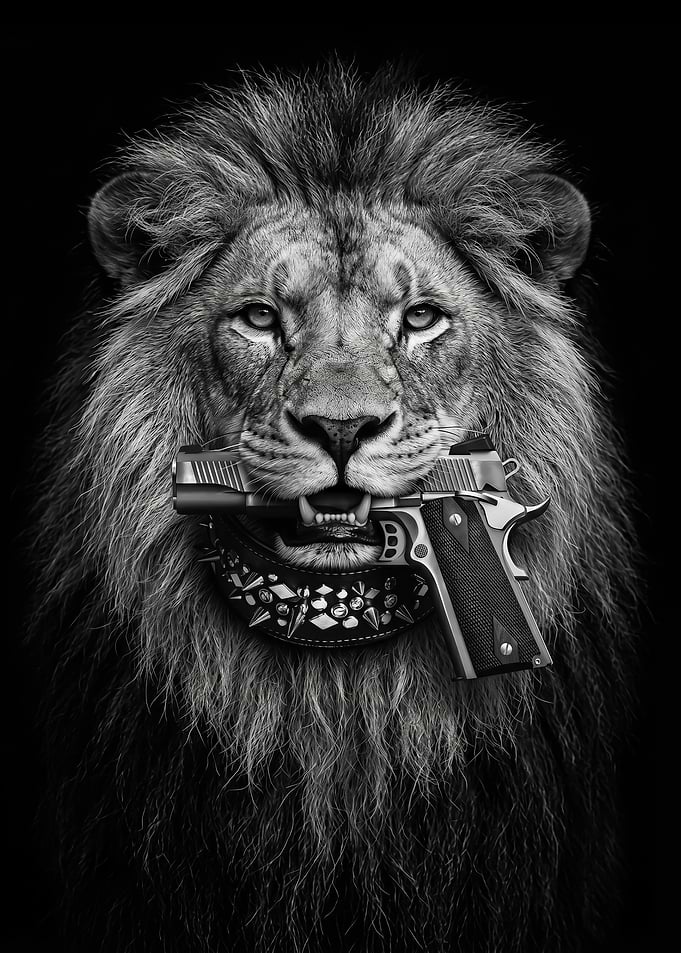 Lion with Gun and Spiked Collar poster