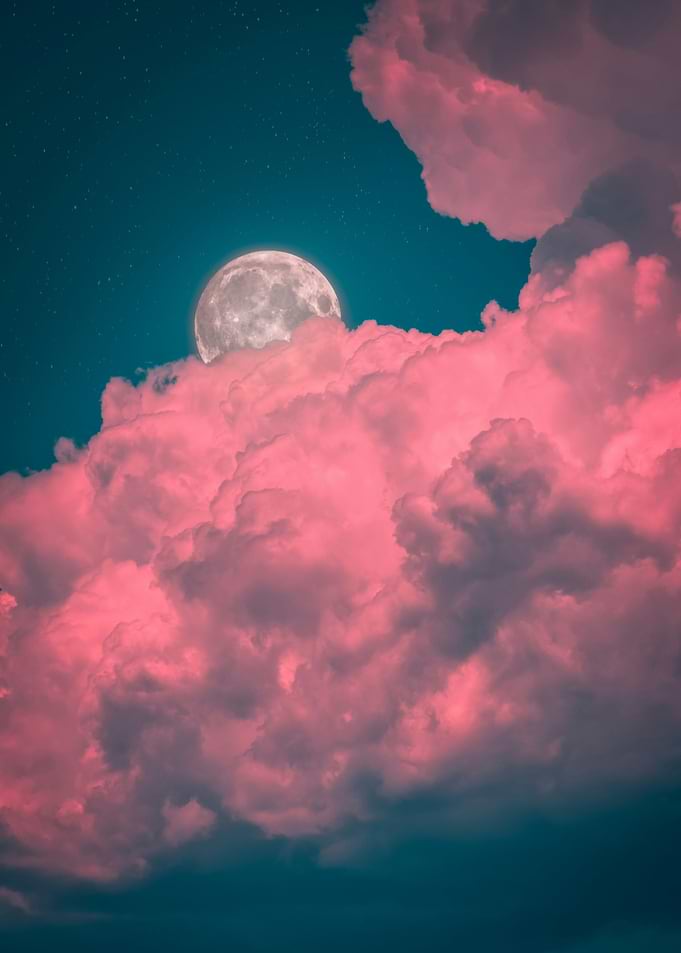 Moon Over Pink Clouds Poster – Dreamy Aesthetic Wall Art, Pastel Night Sky Print, Celestial Bedroom Decor