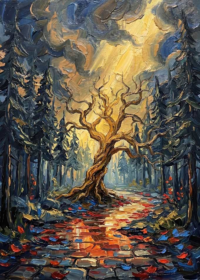 Enchanted Forest Tree with Sunbeams