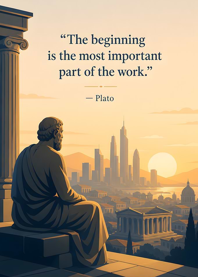 Plato overlooking a cityscape