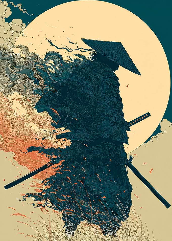 Samurai Warrior Silhouette Against Moon