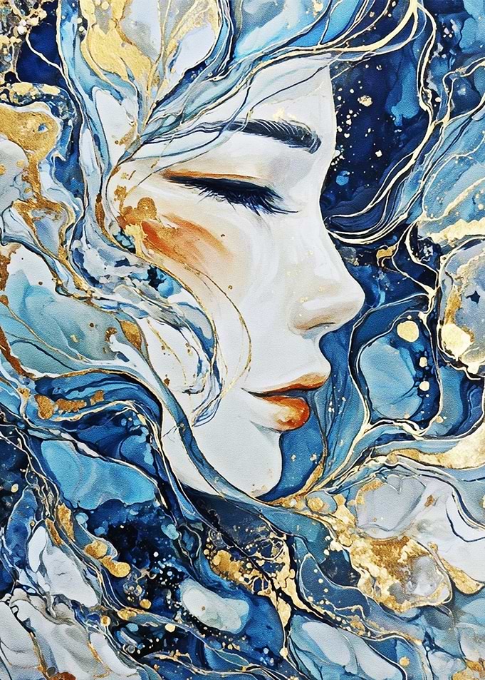 Ethereal Blue Beauty – Abstract Woman Portrait in Gold Flow
