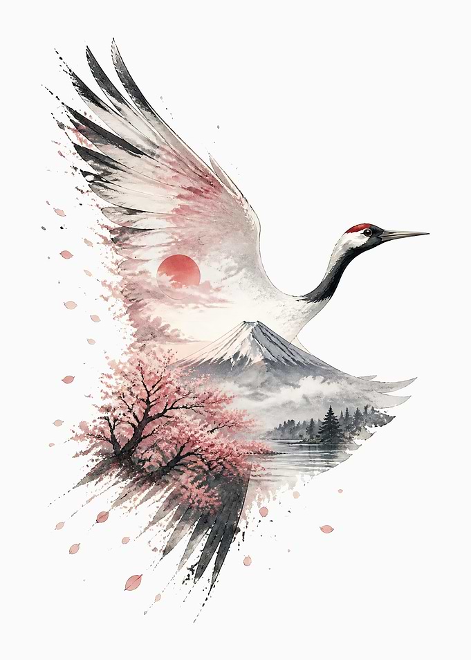 Red Crowned Crane and Mount Fuji