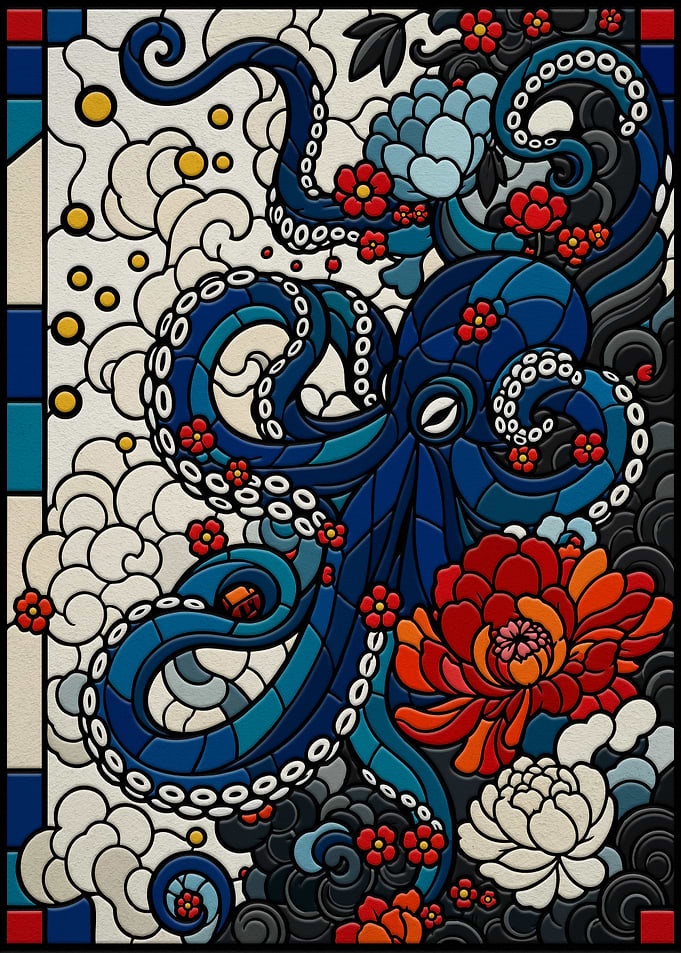 Blue Octopus with Flowers Stained Glass