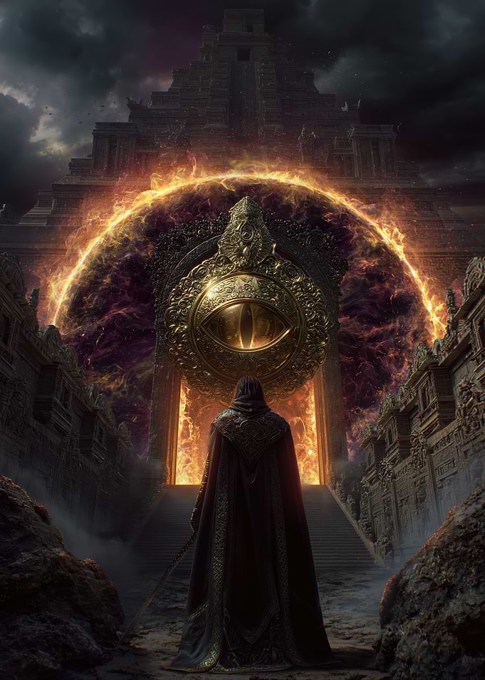 Mysterious Figure at Fiery Portal