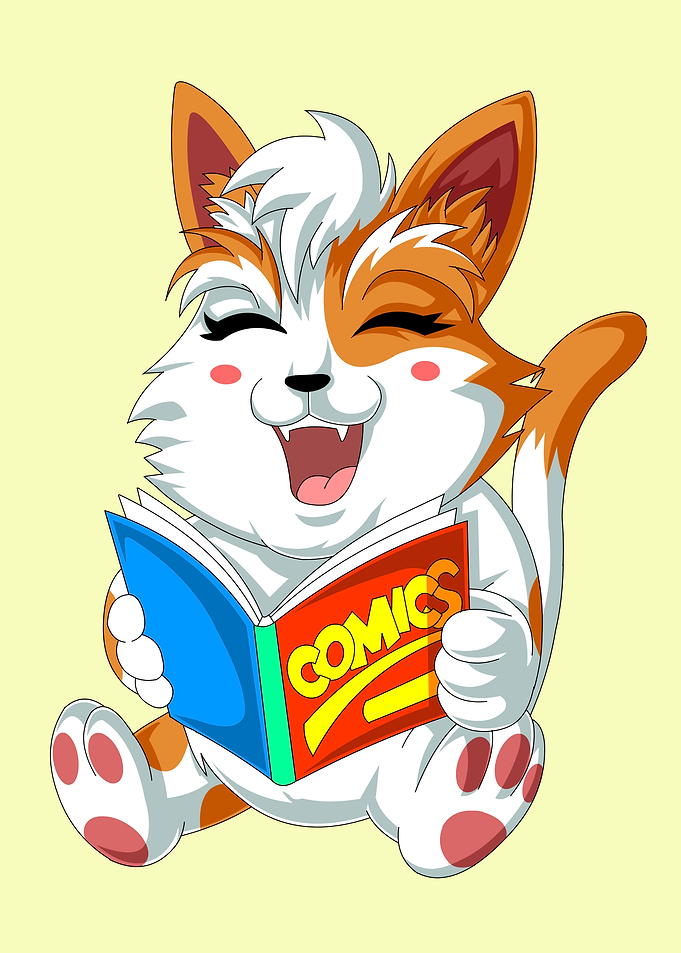 Cute Cat Reading a Comic Book