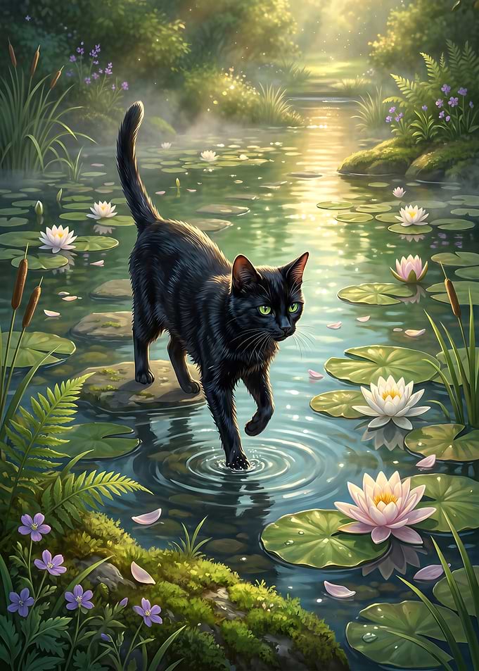 Black Cat Walking on Lily Pads