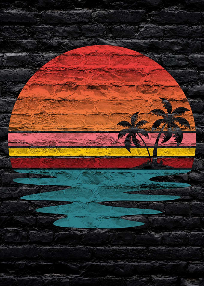 Retro Sunset Palm Trees Metal Displate Artwork on a dark Brick Wall