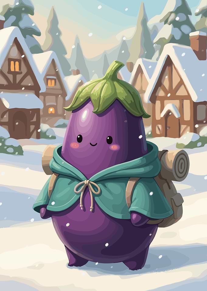 Cute Eggplant Character in Winter Village