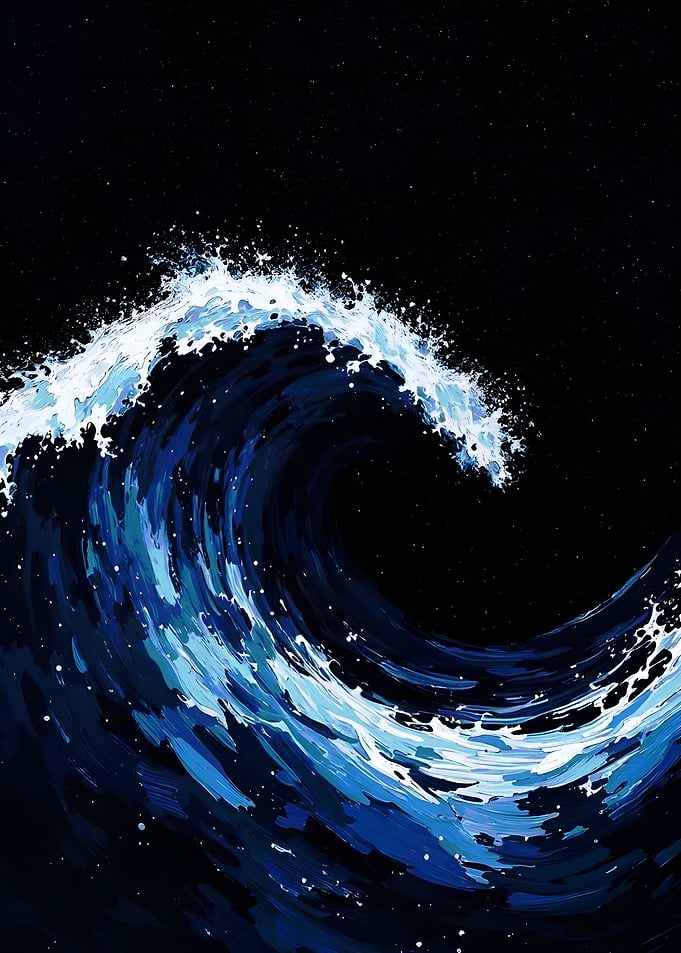 Stylized Ocean Wave Under Starry Sky