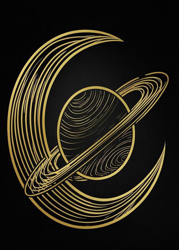 Golden Saturn and Crescent Moon