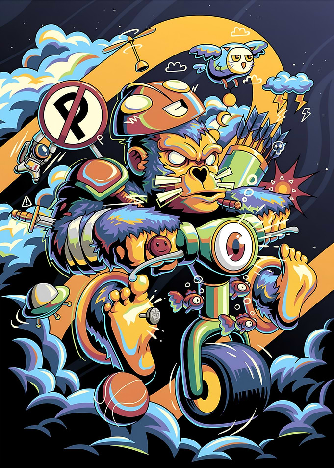 Monkey Riding a Tricycle with Futuristic Elements