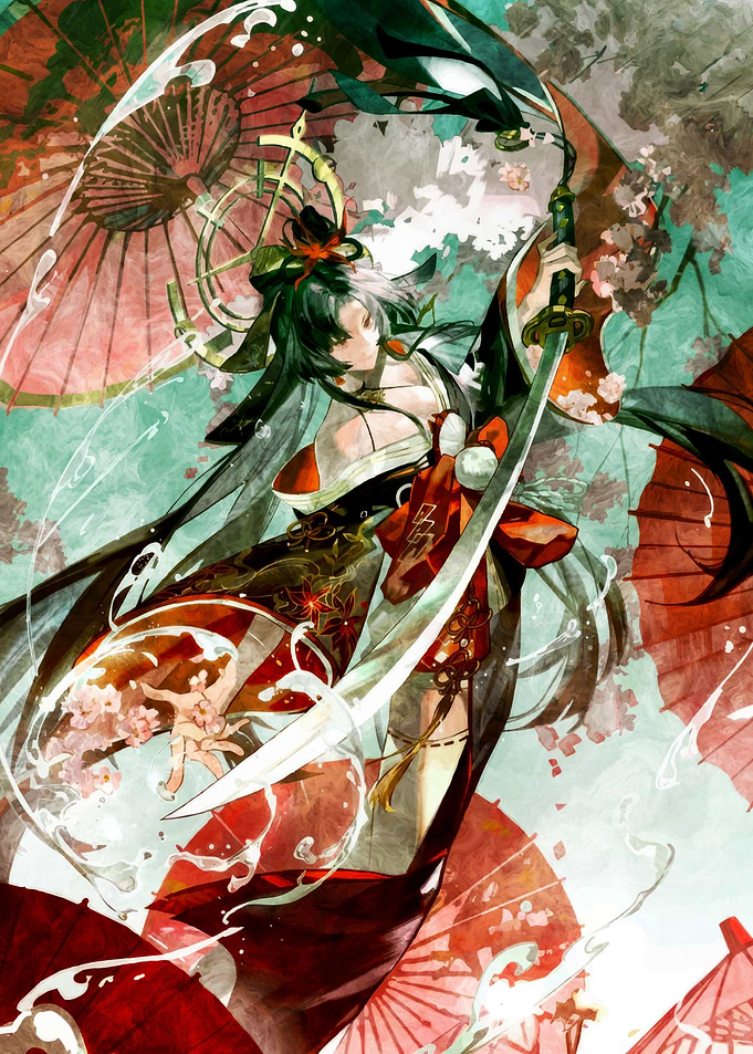 Samurai Woman with Swords and Umbrellas